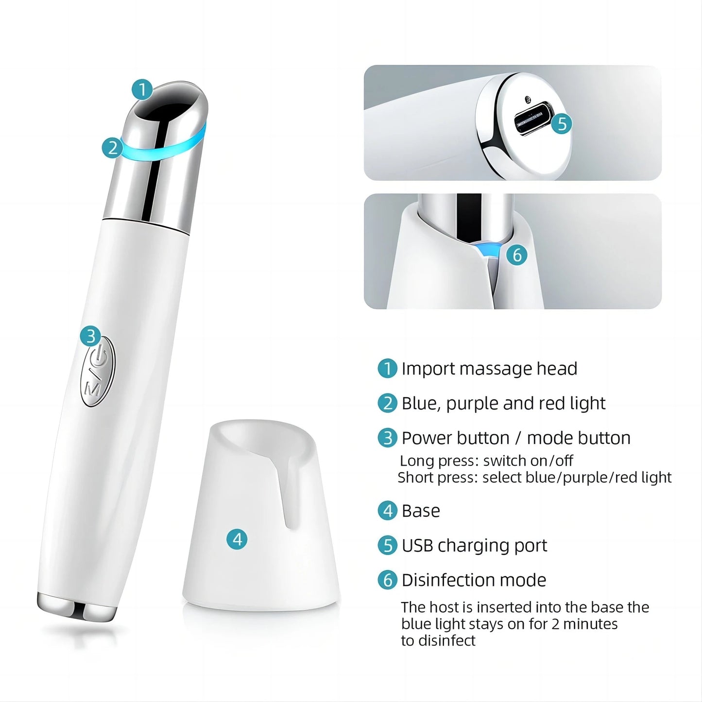 5 In 1 Eye Beauty Device Facial Massager Led Red Light Therapy Wand for Relax Eye Dark Circles Eye Bags Puffiness Skincare Tool - TRENSET