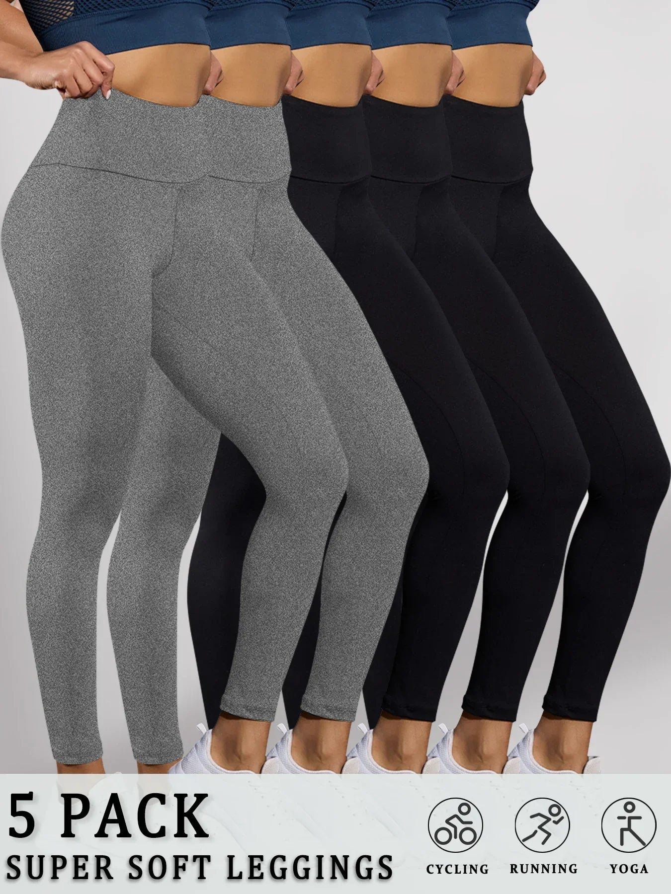 5 Pack Women's Super Soft High Waisted Tummy Control No See Through Workout Yoga Running Athletic Push Up Gym Fitness Leggings - TRENSET