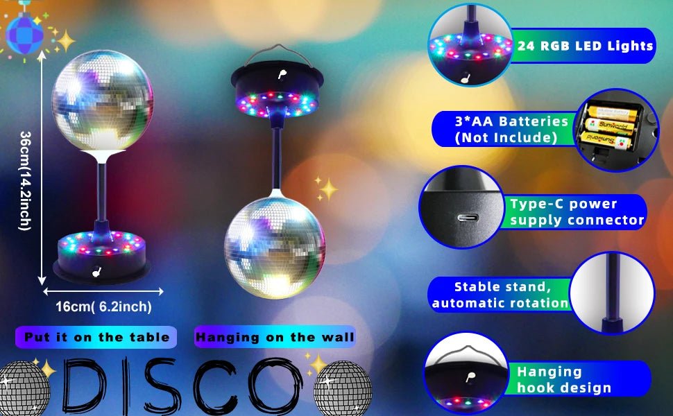 6 Inch Rotating Mirrors Disco Ball Light 5RPM - 9RPM Adjustable Rotary Motor Base 24 RGB LED Mood Lights (USB /Battery Powered) - TRENSET