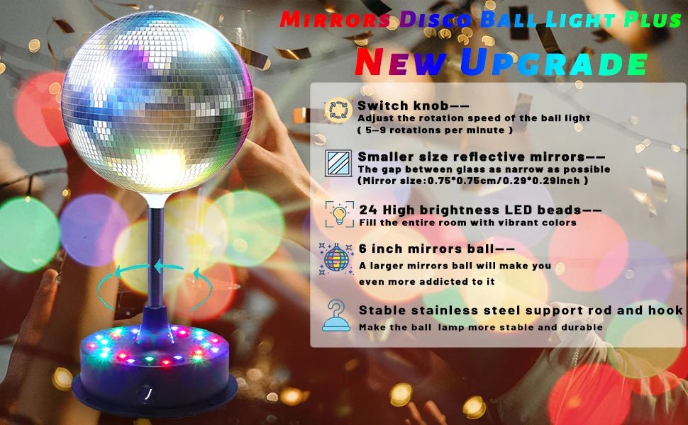 6 Inch Rotating Mirrors Disco Ball Light 5RPM - 9RPM Adjustable Rotary Motor Base 24 RGB LED Mood Lights (USB /Battery Powered) - TRENSET