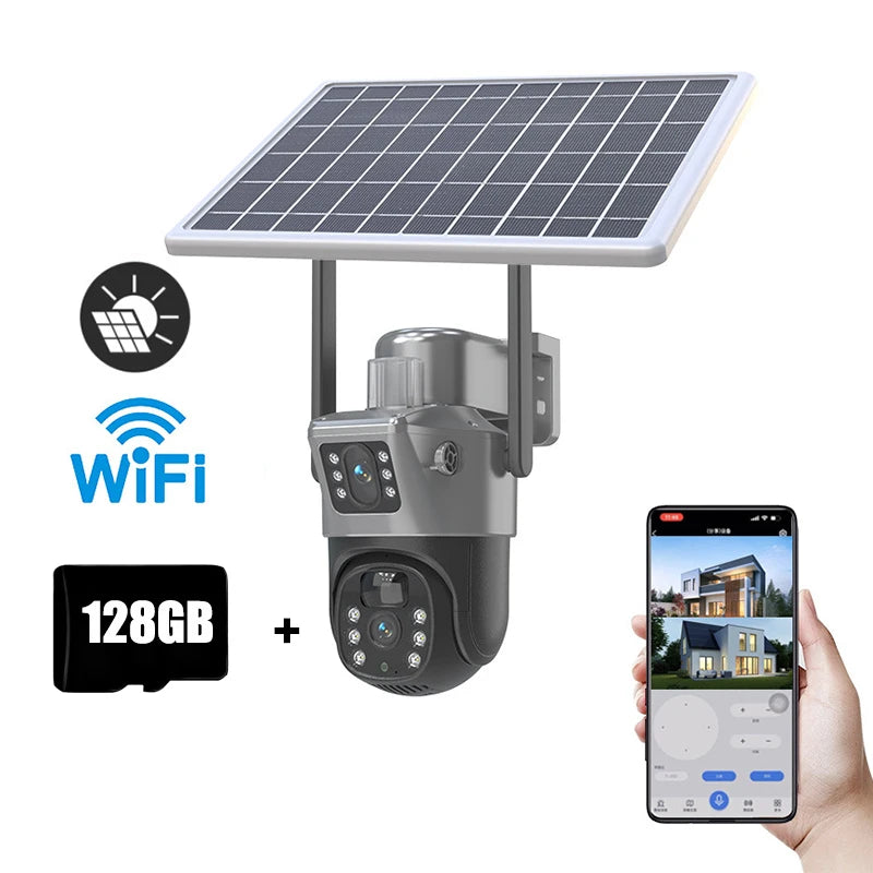 4MP 4G Wireless PTZ Solarkamera Dual Lens Dual Screen Outdoor IP-Kamera Solarpanel Audio PIR Sicherheitsüberwachungskamera