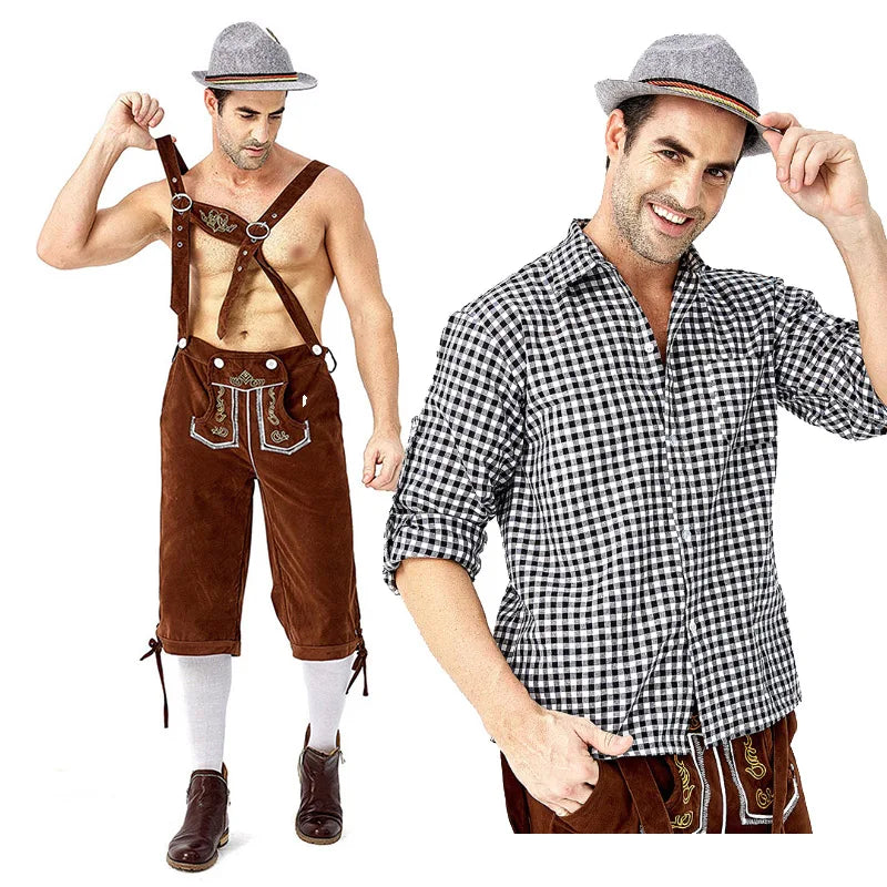 Männer Karneval Oktoberfest Kostüm Kariertes Hemd Lederhosen Outfit Cosplay Halloween Parade Bühnenshow Phantasie Partykleid