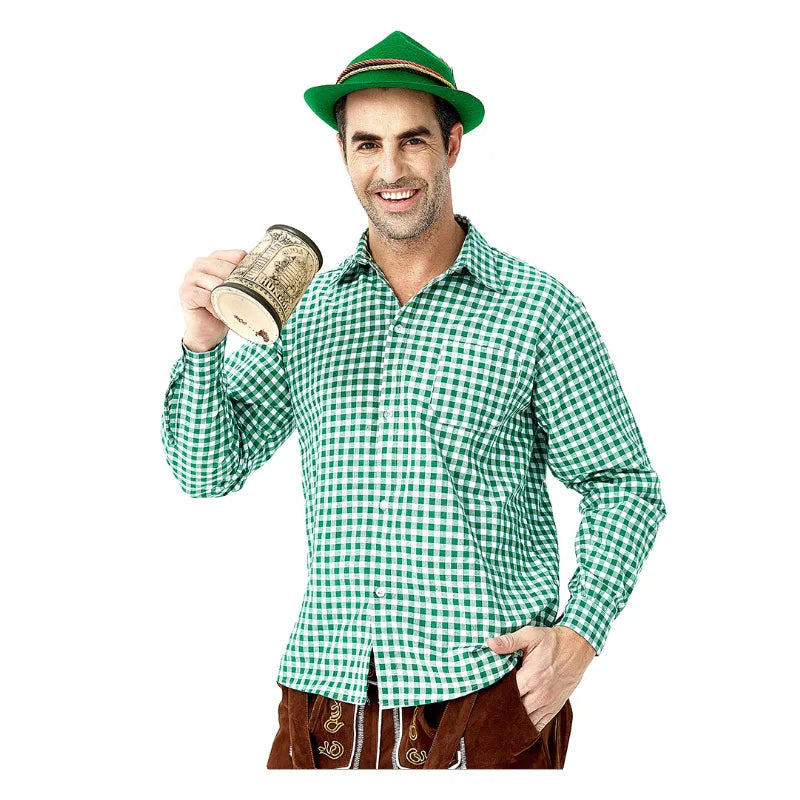 Männer Karneval Oktoberfest Kostüm Kariertes Hemd Lederhosen Outfit Cosplay Halloween Parade Bühnenshow Phantasie Partykleid