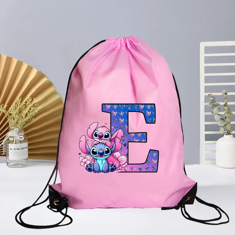 Disney Stitch Drawstring Bag Letter A-Z Printed Girl Kids Adult Gym PE Kit Sack Dance Portable Waterproof Light Travel Pouch Bag