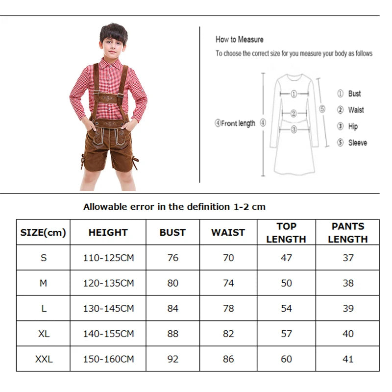 NEU Bayerisches Nationales Oktoberfest-Kostüm für Jungen, Flanell-Lederhosen, kariertes Hemd, Cosplay, Karneval, Halloween, ausgefallenes Partykleid
