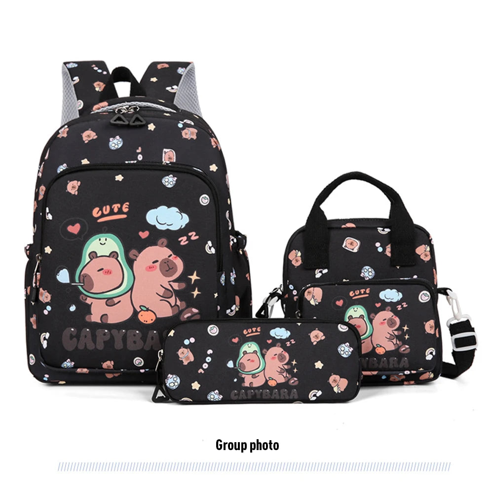 3in1 School Backpack Set Nylon Cute Bookbag Going Out Cartoon Laptop Travel Bag Breathable Back Large Capacity Cute Capybara Bag