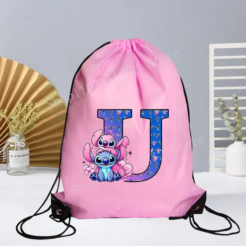 Disney Stitch Drawstring Bag Letter A-Z Printed Girl Kids Adult Gym PE Kit Sack Dance Portable Waterproof Light Travel Pouch Bag