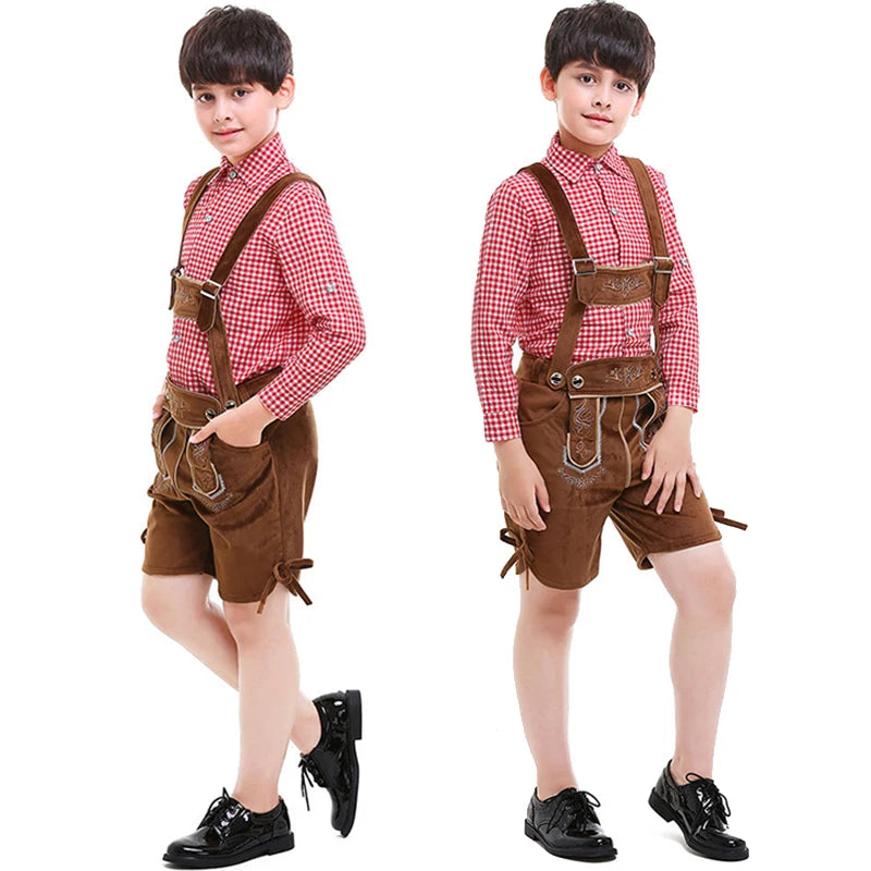 NEU Bayerisches Nationales Oktoberfest-Kostüm für Jungen, Flanell-Lederhosen, kariertes Hemd, Cosplay, Karneval, Halloween, ausgefallenes Partykleid