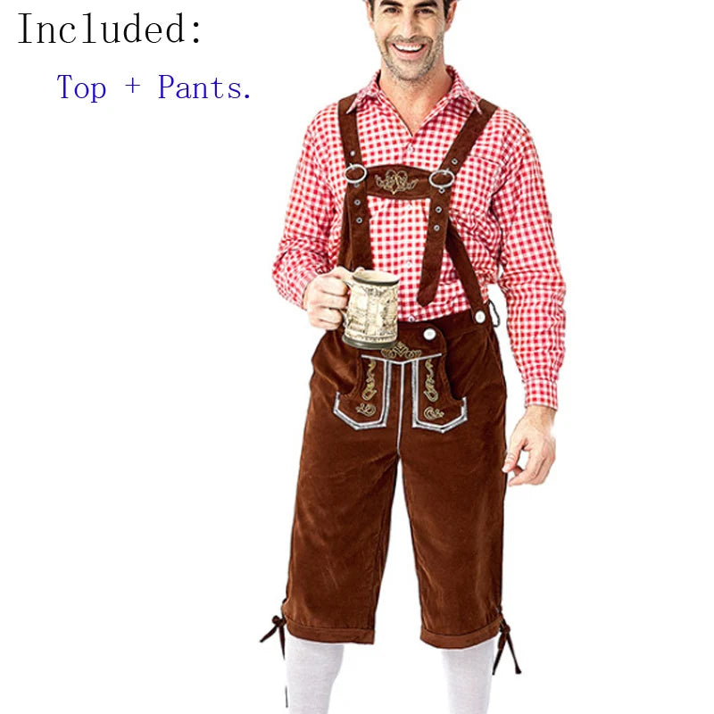 Männer Karneval Oktoberfest Kostüm Kariertes Hemd Lederhosen Outfit Cosplay Halloween Parade Bühnenshow Phantasie Partykleid