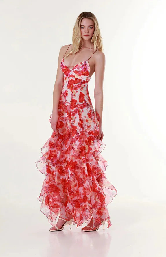 Damen 2025 Schulterfreies Abendkleid aus Organza, langes Abendkleid mit Blumendruck, fließendes A-Linien-Ball-Maxi-Sommerkleid