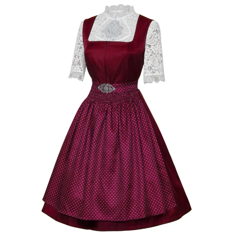 2025 Cosplay Kleid für Frauen Midi Rot Kostüm Kleid Oktoberfest Bier Maid Frauen Dirndl Kleid mit Spitze Schürze Mode Halloween