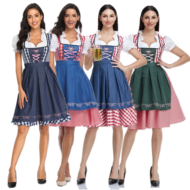 Traditionelle bayerische Oktoberfest-Kostüme, karierte Dirndlkleider, Damen-Schürzenkleid, deutsches Biermädchen, Cosplay-Partykleid