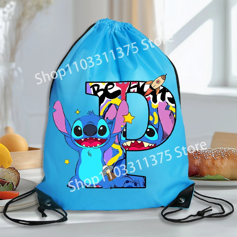 Stitch Disney Waterproof Drawstring Bag Letter A-Z Cartoon Shoes Underwear Travel Sport Bags Nylon Clothes Packing Backpack Gift