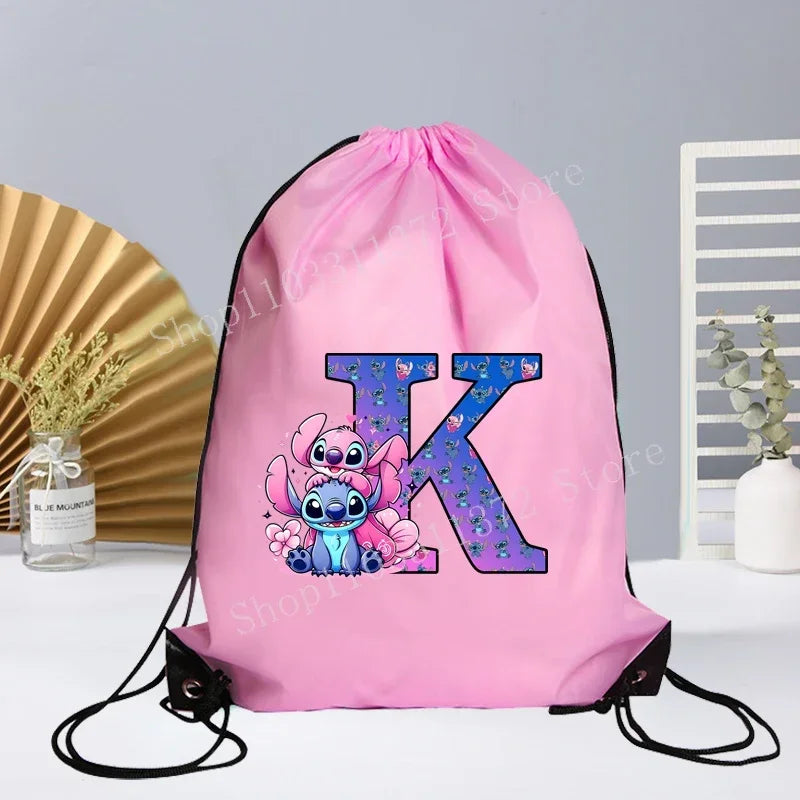 Disney Stitch Drawstring Bag Letter A-Z Printed Girl Kids Adult Gym PE Kit Sack Dance Portable Waterproof Light Travel Pouch Bag
