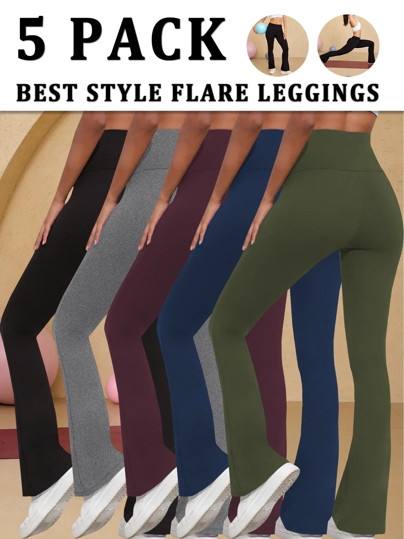 5er-Pack superweiche Schlaghosen für Damen, hohe Taille, Bauchkontrolle, Workout, Yoga, Push-Up, Fitnessstudio, Fitness-Leggings, Schlaghosen