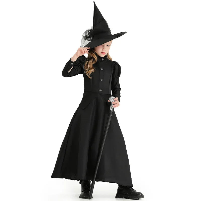 Halloween-Zauberer-Cosplay-Kostüm für Kinder und Erwachsene, Halloween-Kostüm für Damen, Deluxe, böse Hexe, schwarzes Kleid in voller Länge