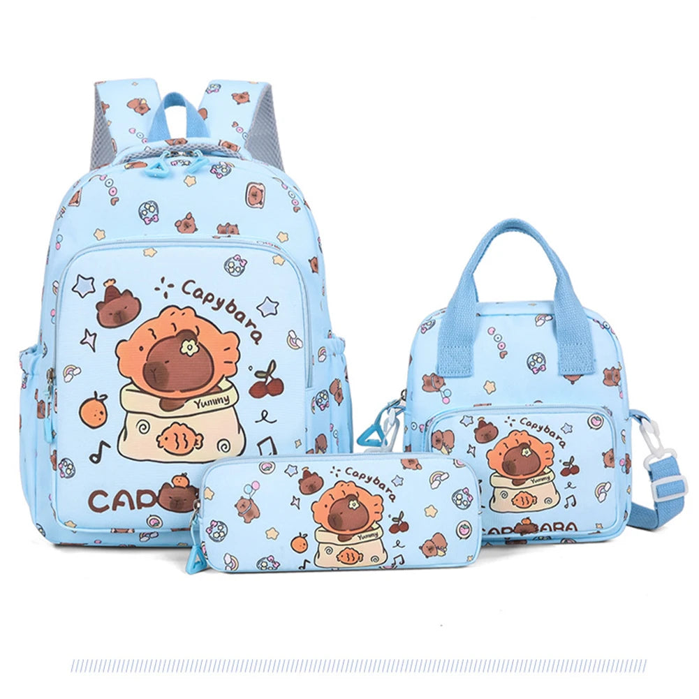3in1 School Backpack Set Nylon Cute Bookbag Going Out Cartoon Laptop Travel Bag Breathable Back Large Capacity Cute Capybara Bag