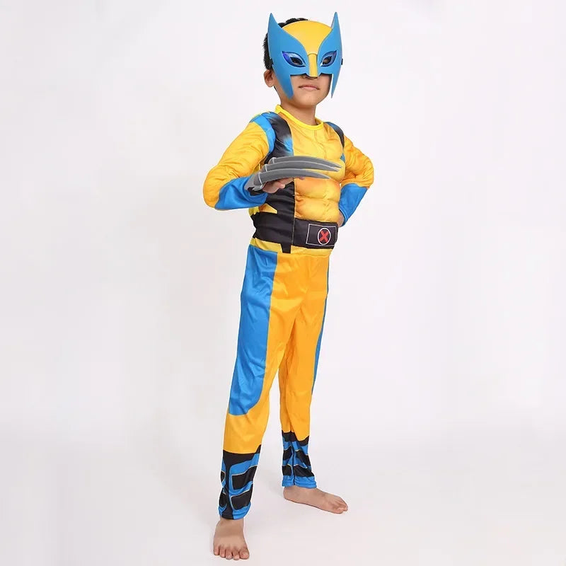 Wolverine Cosplay Kostüm Kinder Wolf Schwarz Superheld Panther Claws Maske Overall Halloween Bodysuit Muskelanzug für Kindergeschenk