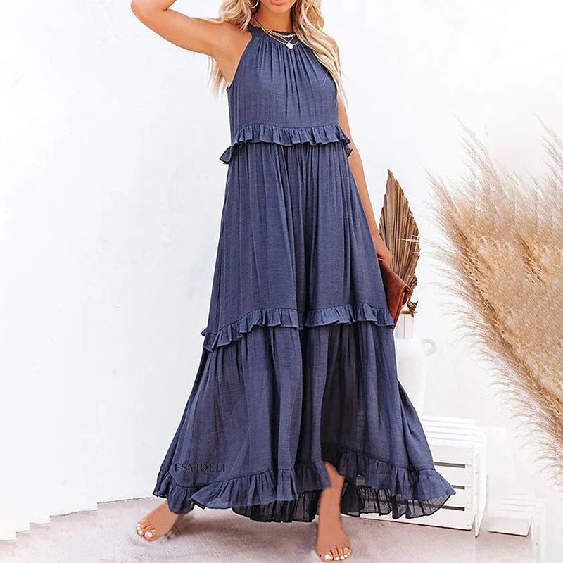 Frauen Casual Solide Rüschen Lange Kleid Sommer Elegante Ärmelloses Sommerkleid Elegante Harajuku Maxi Kleid Strand Party Abend Vestido
