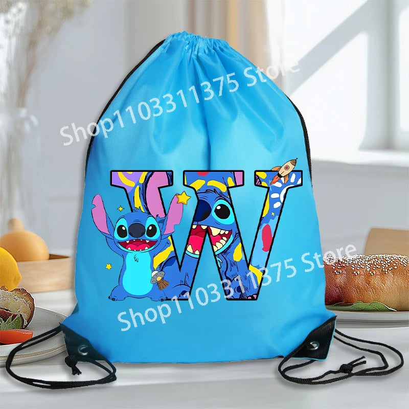 Stitch Disney Waterproof Drawstring Bag Letter A-Z Cartoon Shoes Underwear Travel Sport Bags Nylon Clothes Packing Backpack Gift