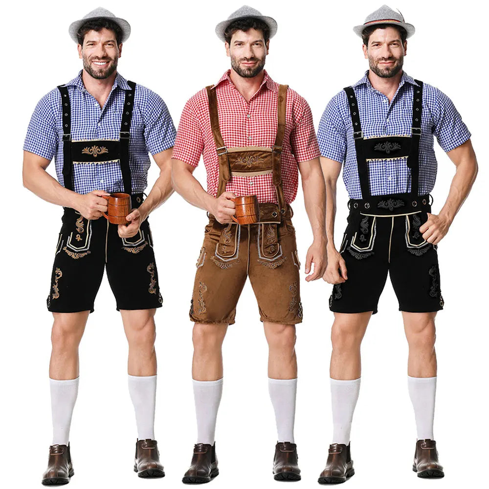 Männliches Oktoberfest-Lederhosenkostüm Bayerisches Oktoberfest-Deutsches Bierkostüm Hemd Hosenträger Shorts Hut Cosplay-Kostüme
