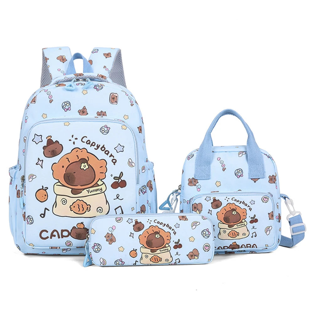 3in1 School Backpack Set Nylon Cute Bookbag Going Out Cartoon Laptop Travel Bag Breathable Back Large Capacity Cute Capybara Bag