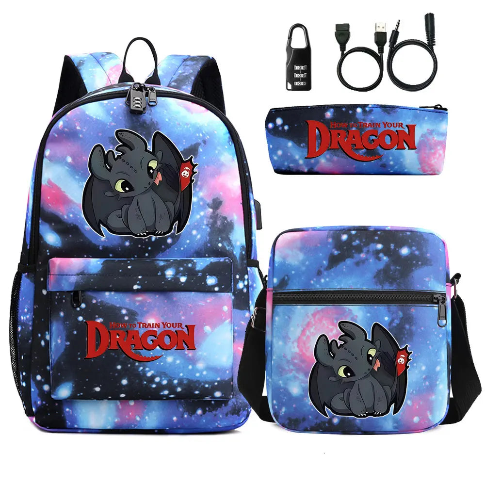 How to Train Your Dragon 3Pcs USB Anti-theft Lock Boy Girl Kids Back To School Book Bags Travel Backpack Shoulder Bag Pen Bags