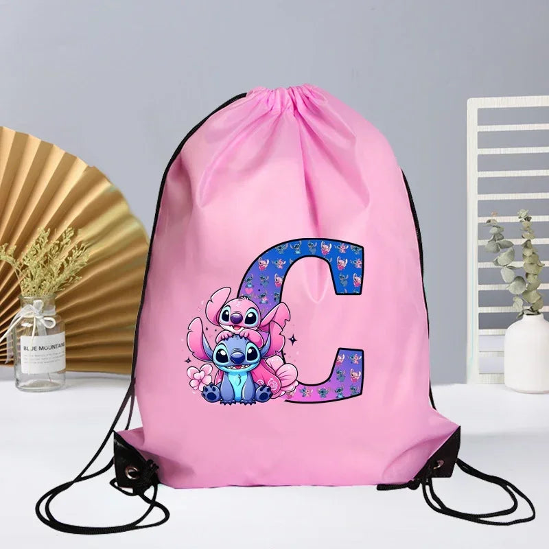 Disney Stitch Drawstring Bag Letter A-Z Printed Girl Kids Adult Gym PE Kit Sack Dance Portable Waterproof Light Travel Pouch Bag