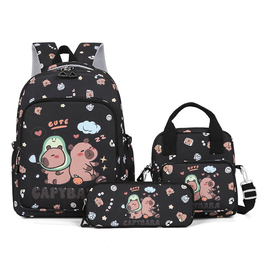 3in1 School Backpack Set Nylon Cute Bookbag Going Out Cartoon Laptop Travel Bag Breathable Back Large Capacity Cute Capybara Bag