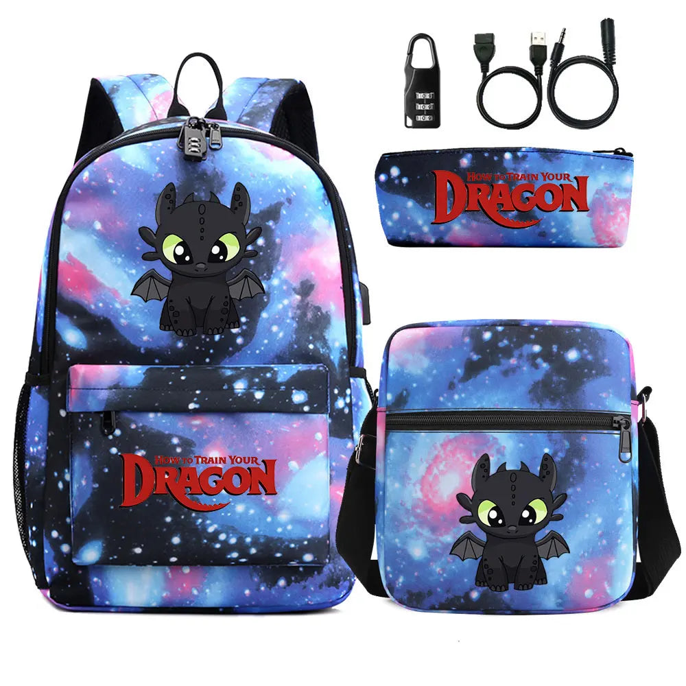 How to Train Your Dragon 3Pcs USB Anti-theft Lock Boy Girl Kids Back To School Book Bags Travel Backpack Shoulder Bag Pen Bags