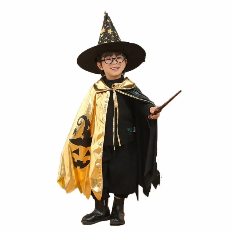 Kinder Halloween Unisex Hexe Cosplay Umhang + Hexenhut 2 Stück Kostüm Karneval Party Ausgefallenes Gold Schwarz Color Blocking Kleid Cape