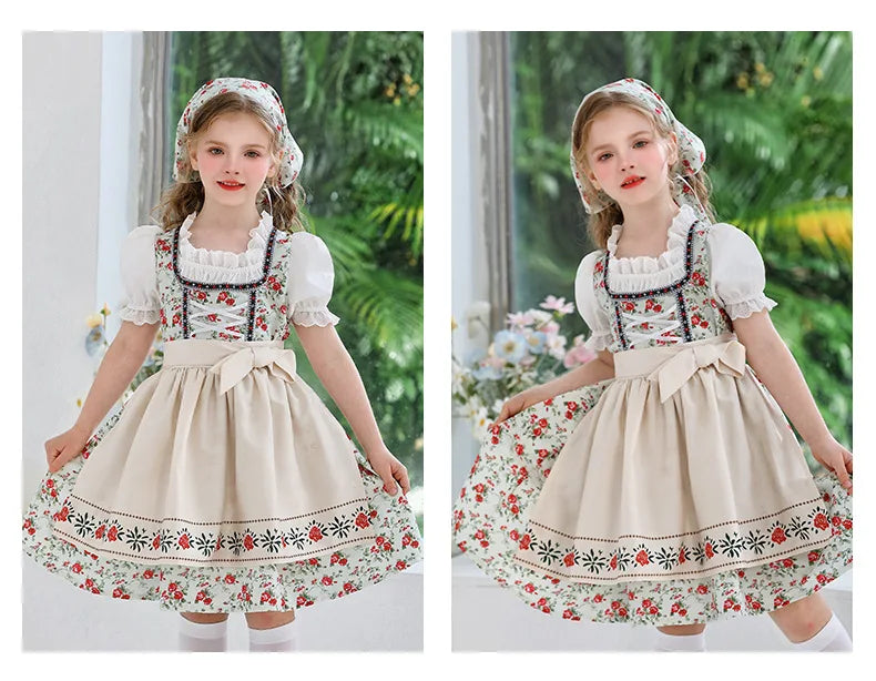 IOOTIANY Deutsches Münchner Oktoberfest Kinder Mädchen Blume Rüschen Spitze Lolita Pastoral Kleid Dienstmädchen Cosplay Performance Kostüm Set