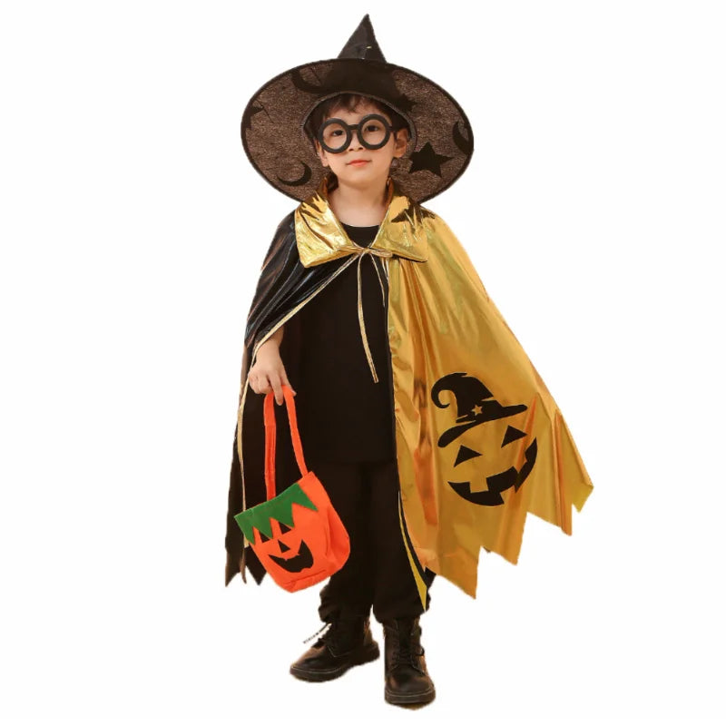 Kinder Halloween Unisex Hexe Cosplay Umhang + Hexenhut 2 Stück Kostüm Karneval Party Ausgefallenes Gold Schwarz Color Blocking Kleid Cape