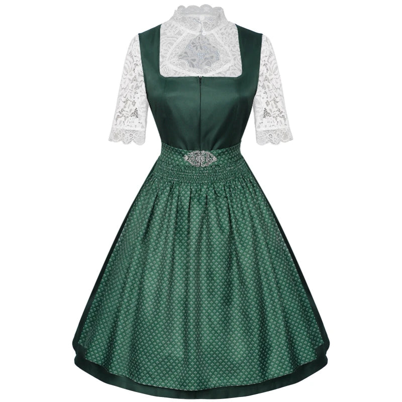 2025 Cosplay Kleid für Frauen Midi Rot Kostüm Kleid Oktoberfest Bier Maid Frauen Dirndl Kleid mit Spitze Schürze Mode Halloween