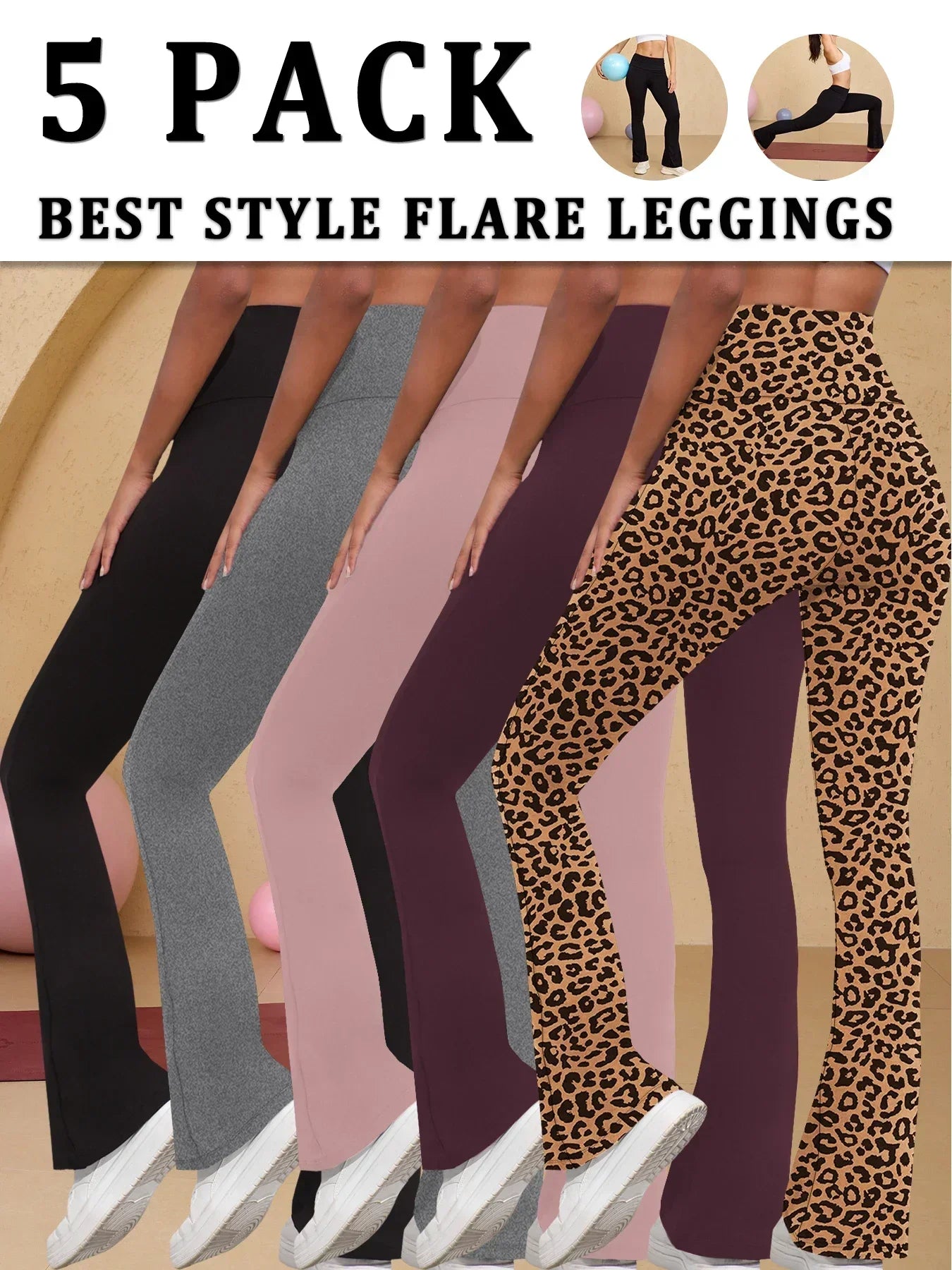5er-Pack superweiche Schlaghosen für Damen, hohe Taille, Bauchkontrolle, Workout, Yoga, Push-Up, Fitnessstudio, Fitness-Leggings, Schlaghosen
