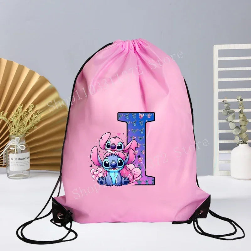 Disney Stitch Drawstring Bag Letter A-Z Printed Girl Kids Adult Gym PE Kit Sack Dance Portable Waterproof Light Travel Pouch Bag