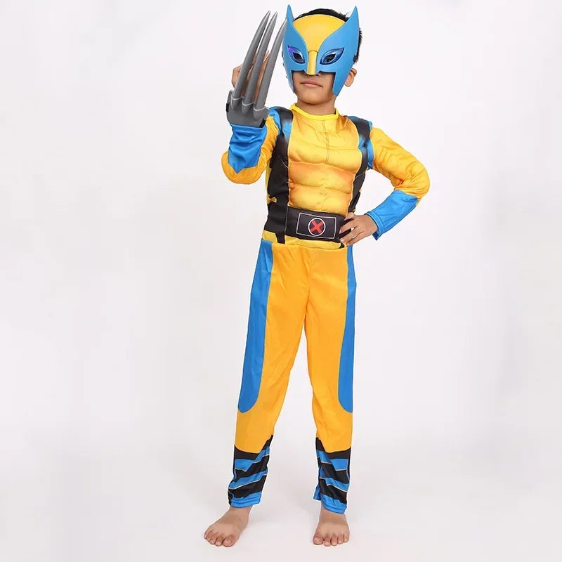 Wolverine Cosplay Kostüm Kinder Wolf Schwarz Superheld Panther Claws Maske Overall Halloween Bodysuit Muskelanzug für Kindergeschenk