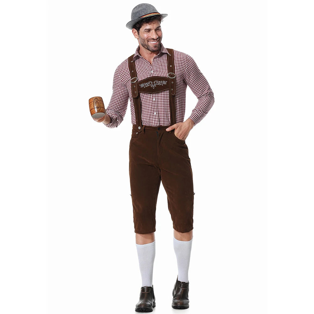 Dreiteiliges Set Oktoberfest Lederhosen Kostüm für Herren Bayerische Deutsche Bierfeste Hosenträger Hemd Hut Cosplay Bier Outfits