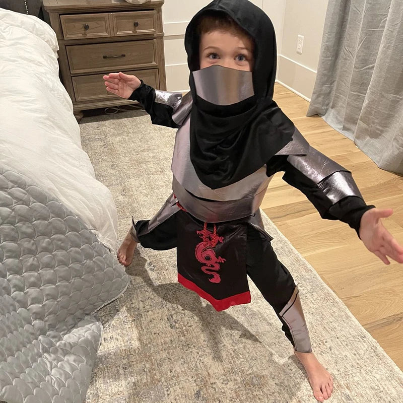 Jungen Schwarzes Skelett Totenkopf Ninja Kostüm Shinobi Schwert Katana Rucksack Set Kinder Silber Drachen Ninja Halloween Kostüm
