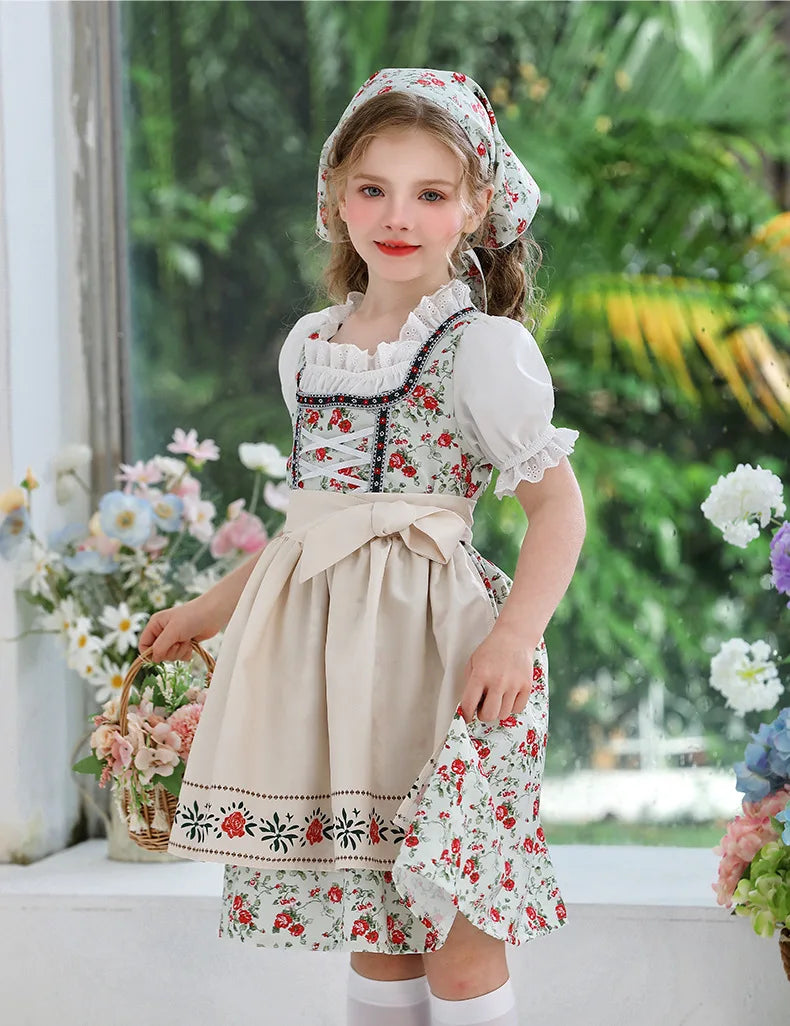 IOOTIANY Deutsches Münchner Oktoberfest Kinder Mädchen Blume Rüschen Spitze Lolita Pastoral Kleid Dienstmädchen Cosplay Performance Kostüm Set