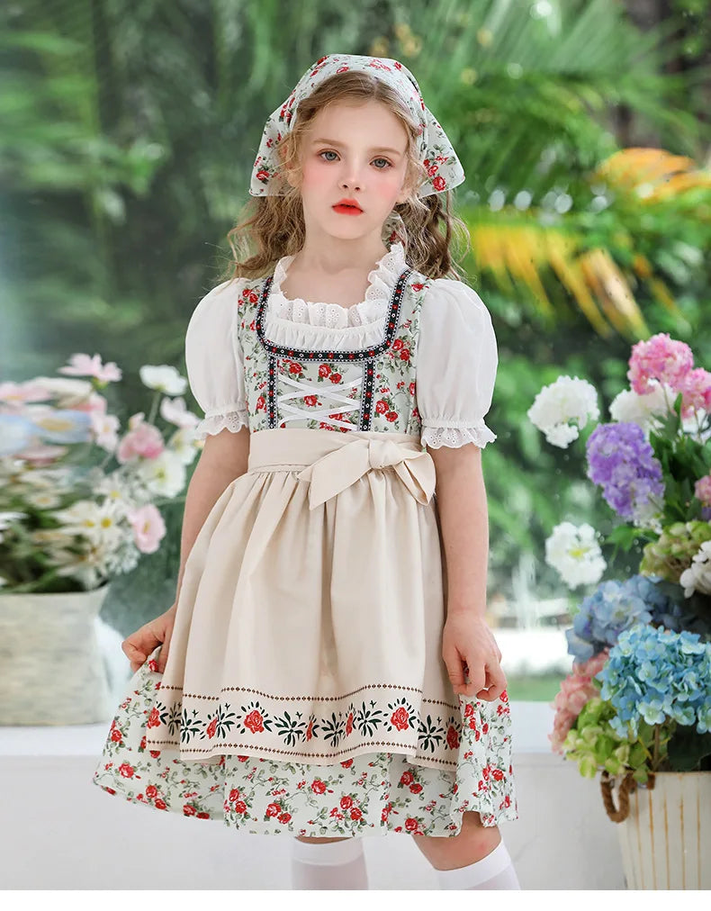 IOOTIANY Deutsches Münchner Oktoberfest Kinder Mädchen Blume Rüschen Spitze Lolita Pastoral Kleid Dienstmädchen Cosplay Performance Kostüm Set