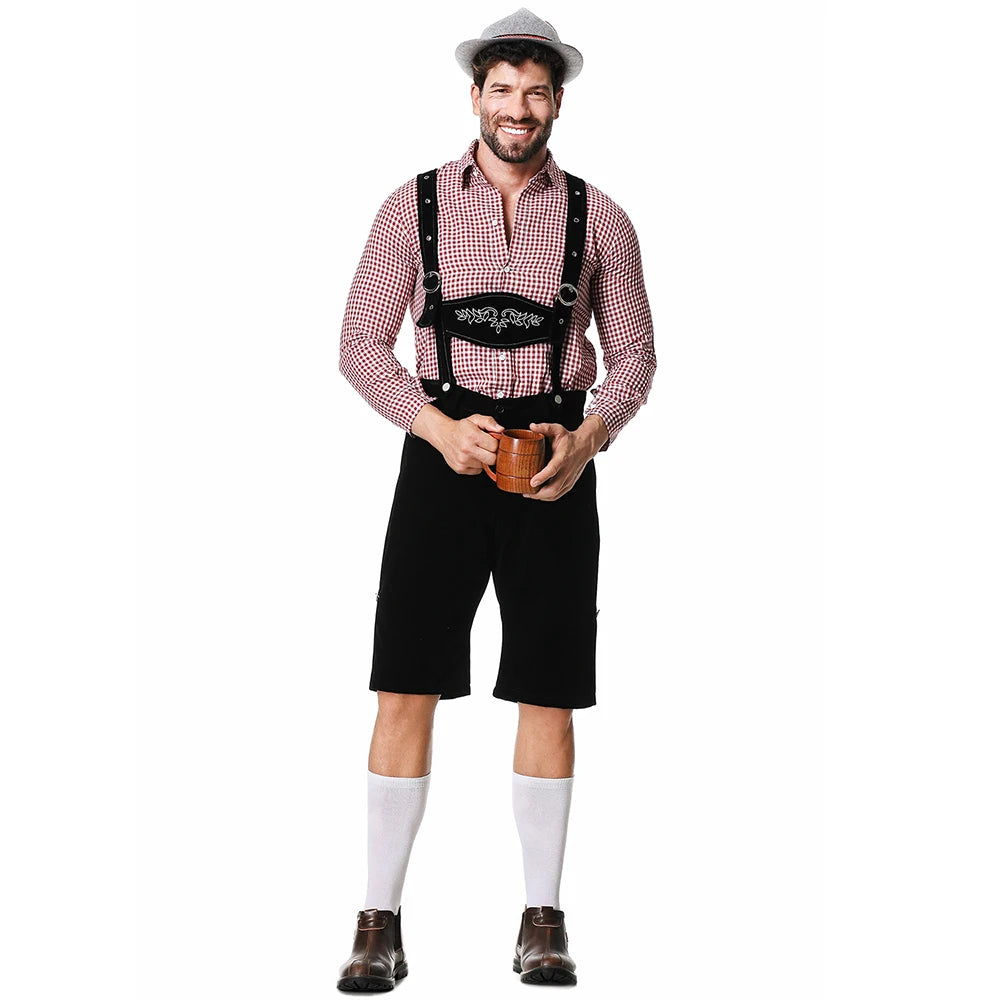 Dreiteiliges Set Oktoberfest Lederhosen Kostüm für Herren Bayerische Deutsche Bierfeste Hosenträger Hemd Hut Cosplay Bier Outfits