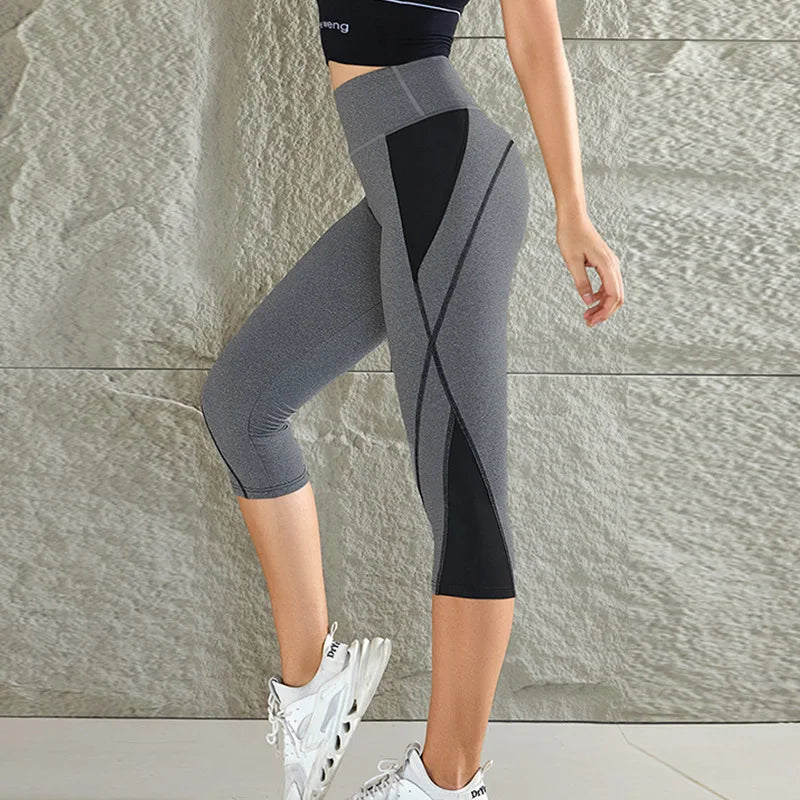Damen-Yoga-Leggings mit Farbblock, hohe Taille, Patchwork, wadenlang, für Laufsport, Stretch, enge Hose