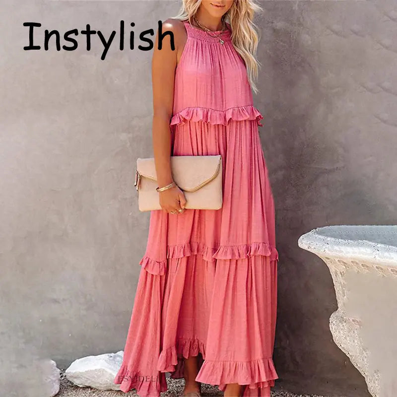 Frauen Casual Solide Rüschen Lange Kleid Sommer Elegante Ärmelloses Sommerkleid Elegante Harajuku Maxi Kleid Strand Party Abend Vestido
