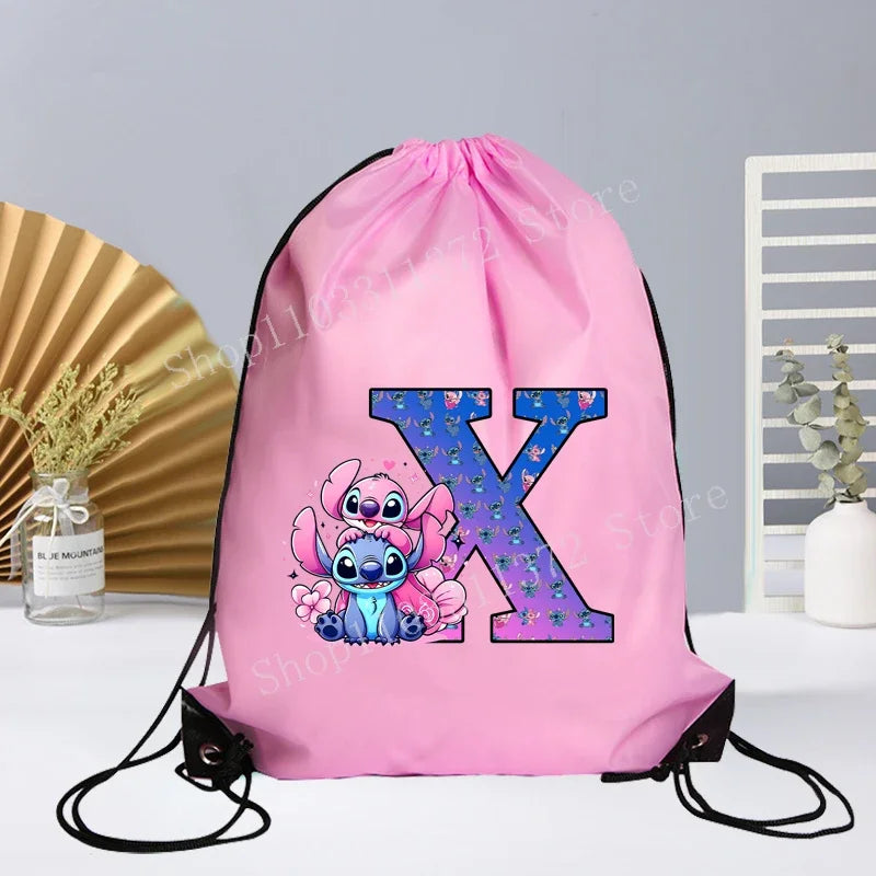 Disney Stitch Drawstring Bag Letter A-Z Printed Girl Kids Adult Gym PE Kit Sack Dance Portable Waterproof Light Travel Pouch Bag