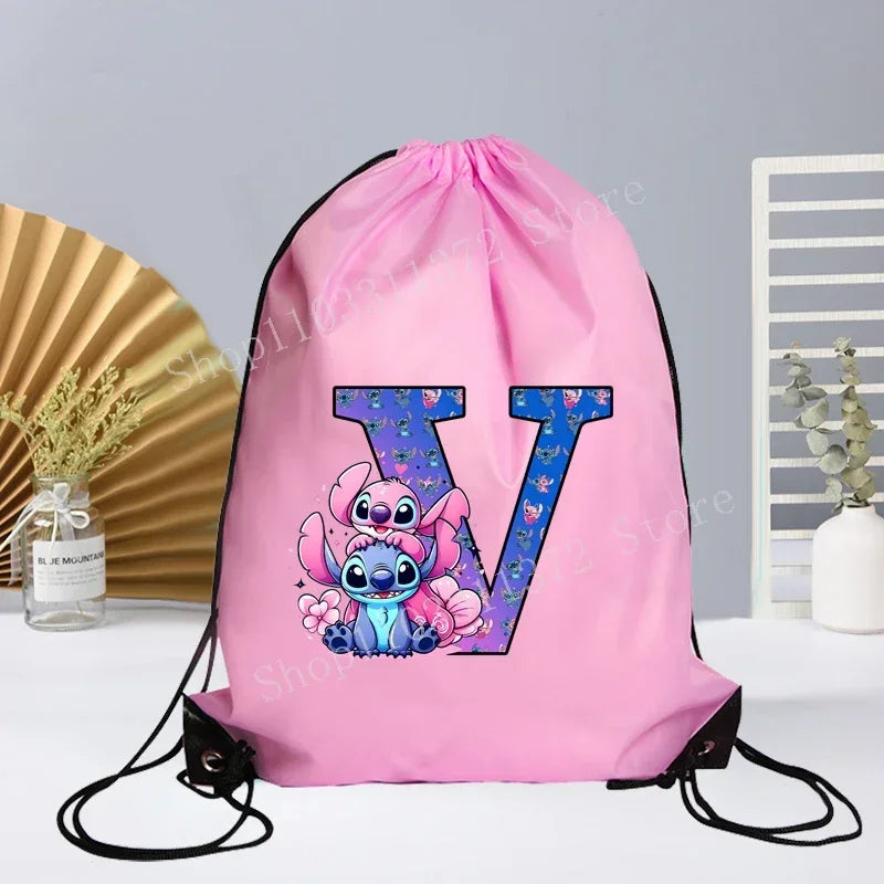 Disney Stitch Drawstring Bag Letter A-Z Printed Girl Kids Adult Gym PE Kit Sack Dance Portable Waterproof Light Travel Pouch Bag