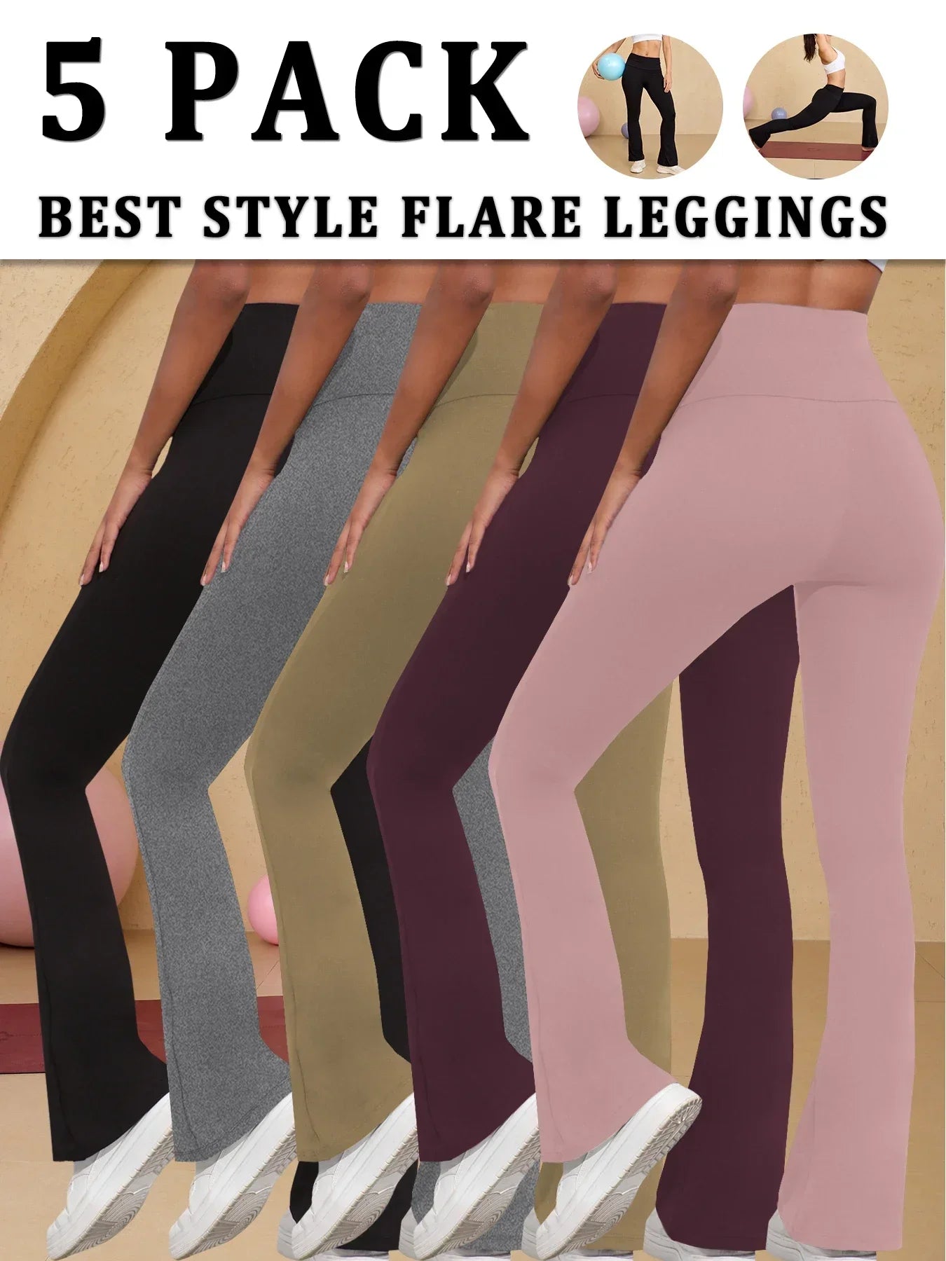 5er-Pack superweiche Schlaghosen für Damen, hohe Taille, Bauchkontrolle, Workout, Yoga, Push-Up, Fitnessstudio, Fitness-Leggings, Schlaghosen