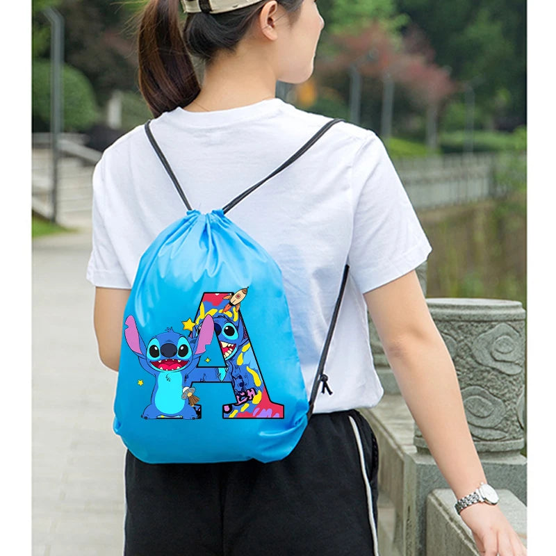 Stitch Disney Waterproof Drawstring Bag Letter A-Z Cartoon Shoes Underwear Travel Sport Bags Nylon Clothes Packing Backpack Gift