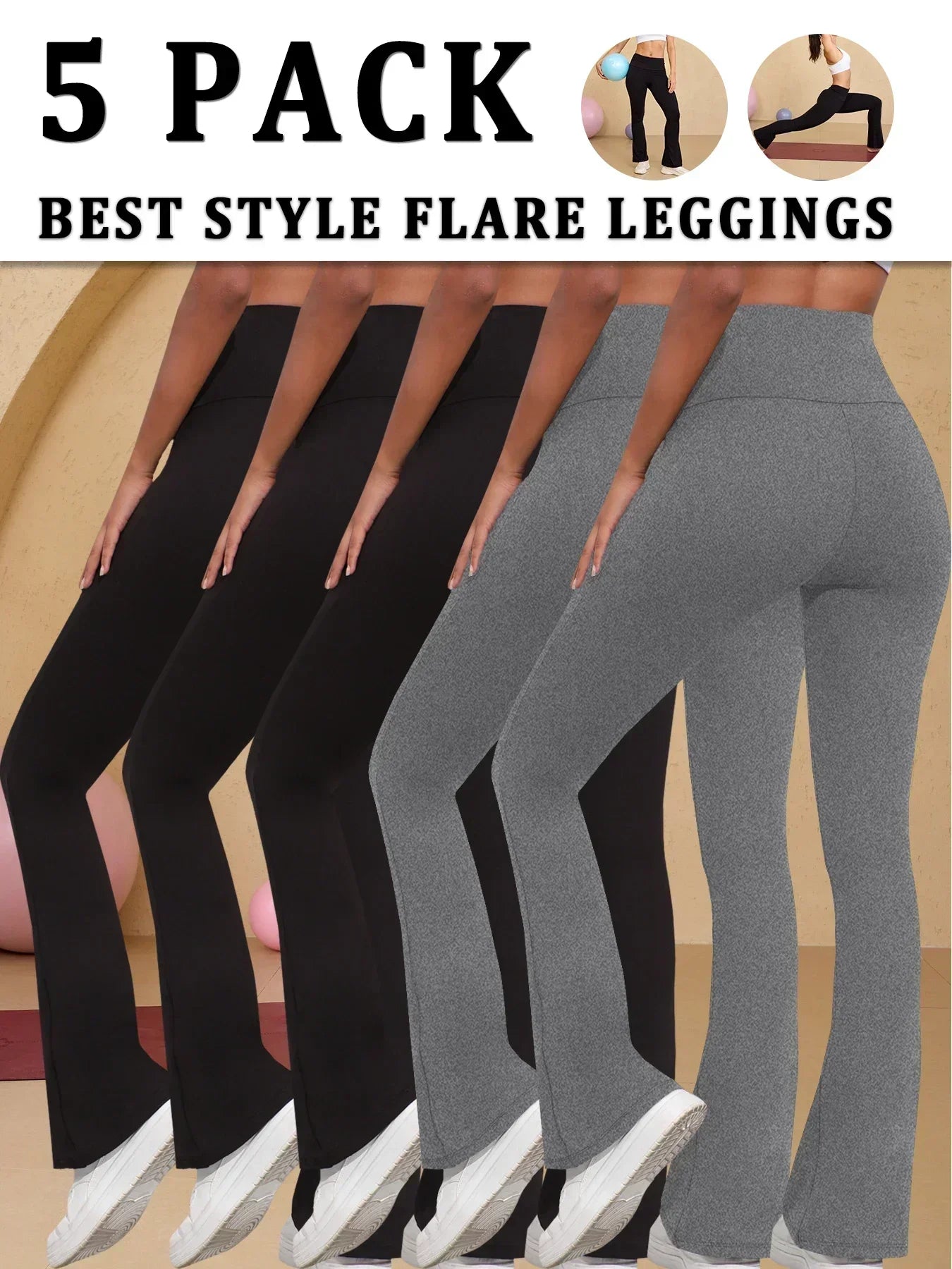 5er-Pack superweiche Schlaghosen für Damen, hohe Taille, Bauchkontrolle, Workout, Yoga, Push-Up, Fitnessstudio, Fitness-Leggings, Schlaghosen