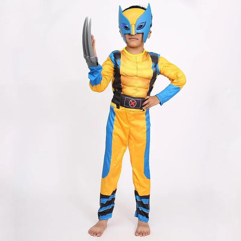 Wolverine Cosplay Kostüm Kinder Wolf Schwarz Superheld Panther Claws Maske Overall Halloween Bodysuit Muskelanzug für Kindergeschenk